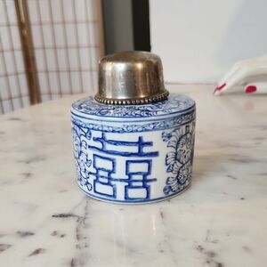 Vintage | Tea Jar Blue & White Ceramic Jar Nickel Lid | Handpainted